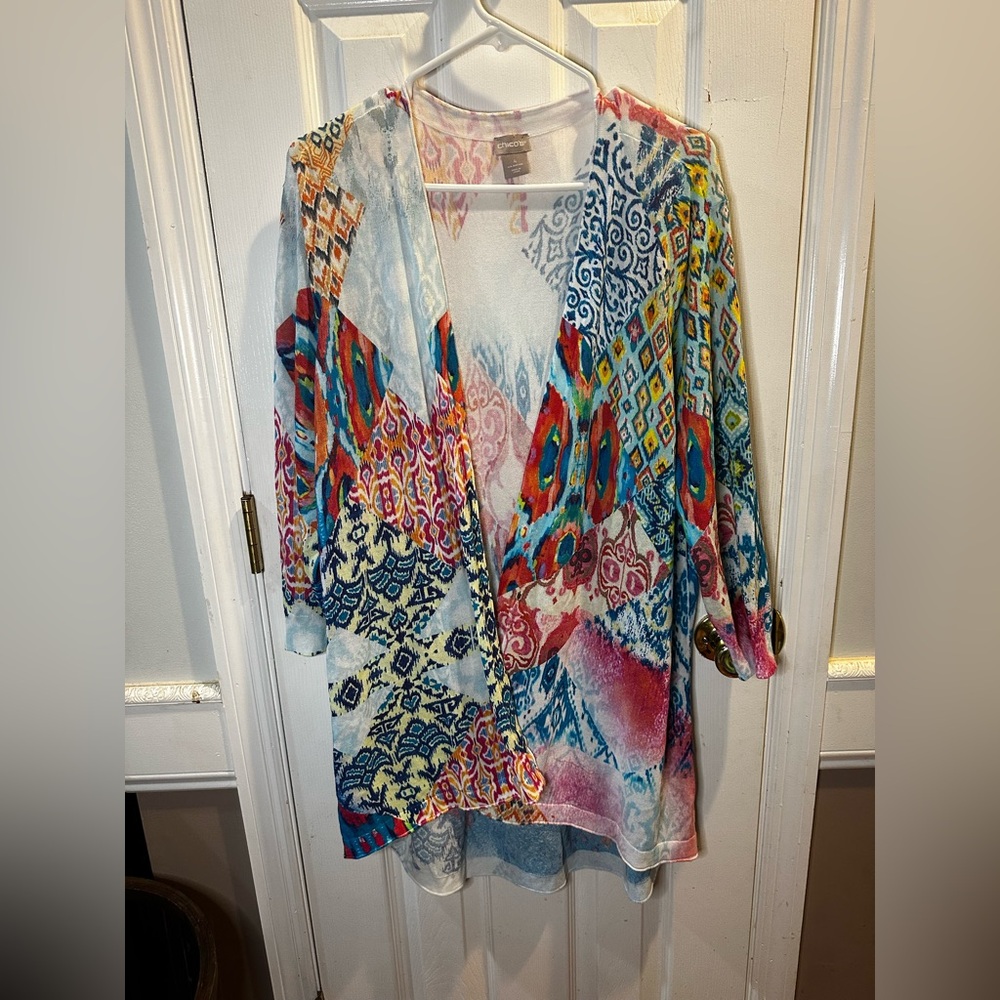 Chicos Open Front Cardigan Ikat Print Colorful Artsy‎ 4 XXL 3/4 Sleeves - Picture 3 of 8
